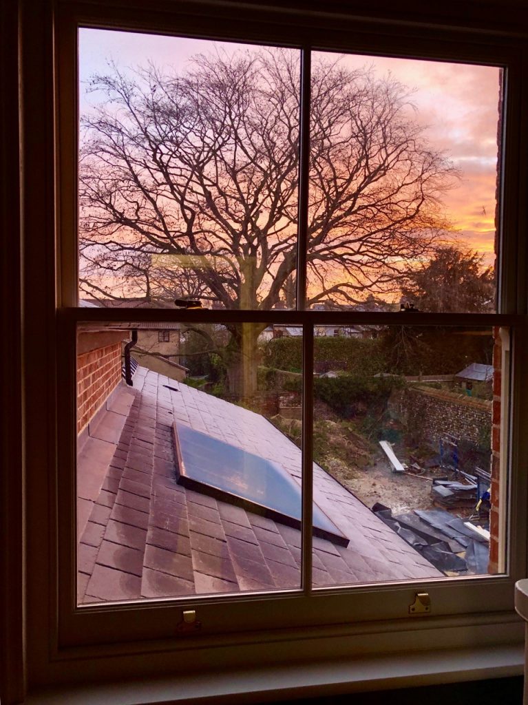 Looking out of a window onto a pitched roof with rooflight and a leafless tree in sunset.