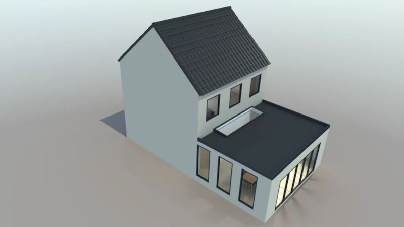 CGI image of house with rooflights, windows and bifold doors