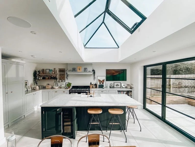 Large slimline lantern installed above kitchen dining area