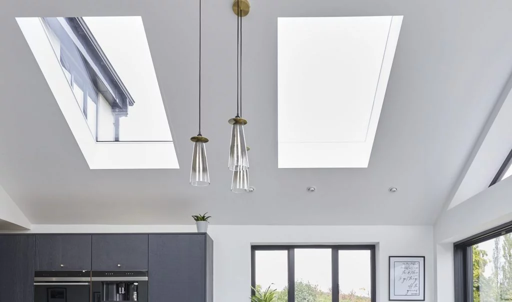 Two large pitched rooflights in kitchen