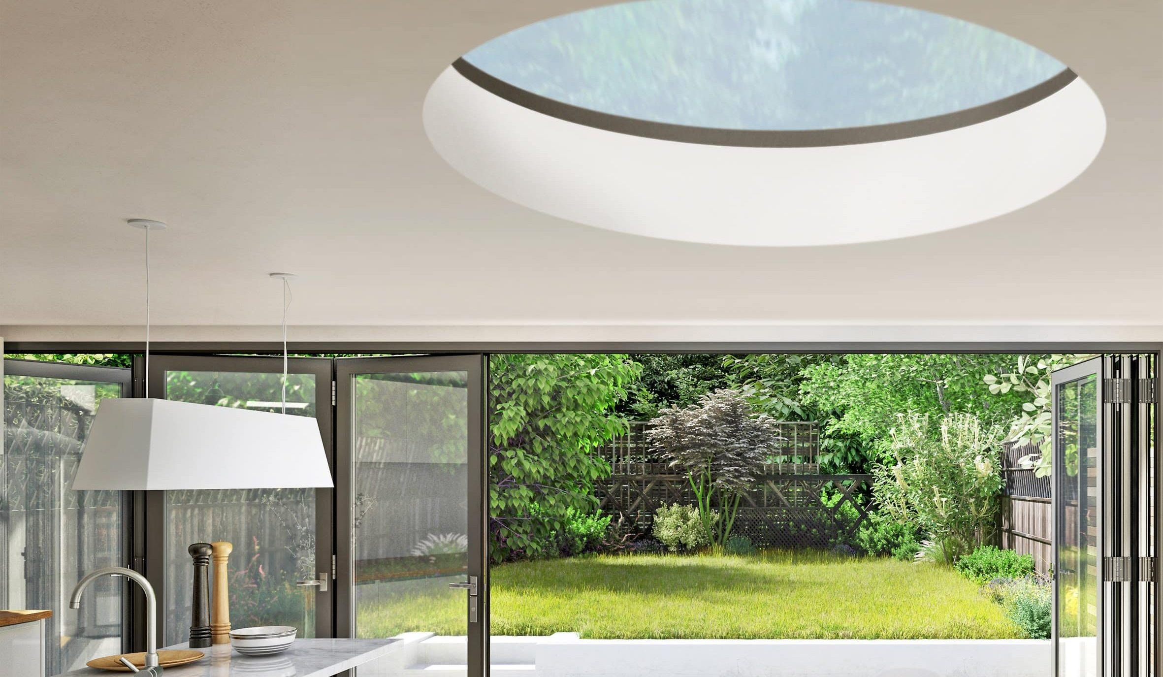 Round rooflight above bifold doors