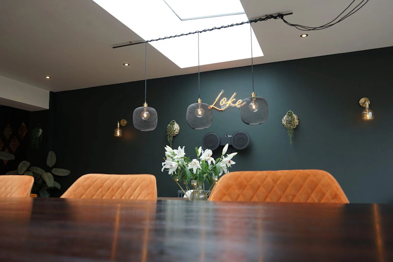 Rooflight over blue dining area