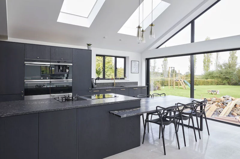 Large kitchen with pitched skylights