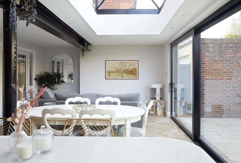 Slimline lantern above dining area