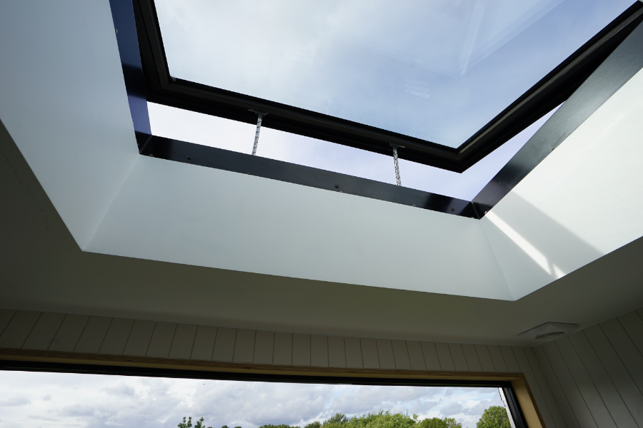 Looking up through hinged opening roof window