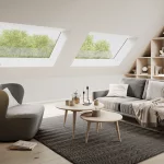 Cosy modern living area, with large pitched rooflights