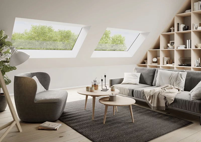 Cosy modern living area, with large pitched rooflights