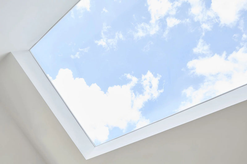 Looking up through Luxlite pitched skylight to blue sky